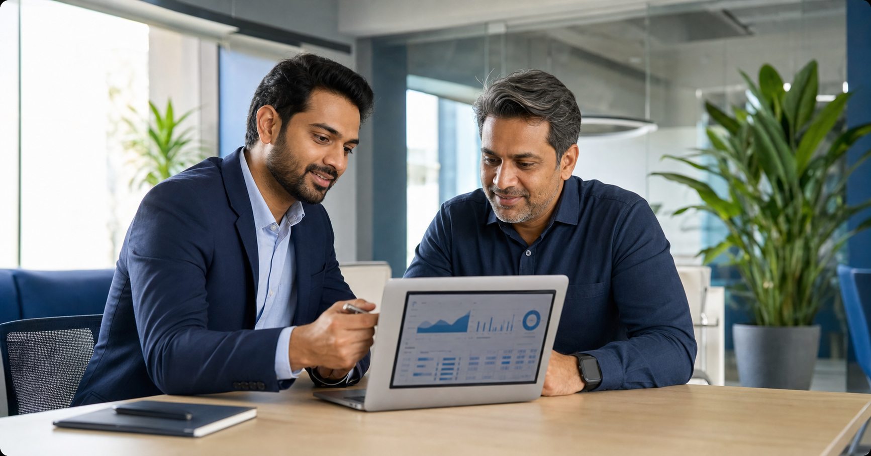 Technology consultant reviewing a business dashboard with a client